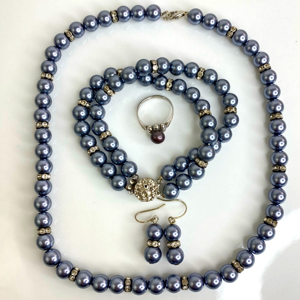 Freshwater Cultured Black Pearl Necklace, Bracelet, Earrings and Ring Set